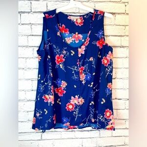 Woman Within Blue and Pink Floral Handkerchief Hem Tank Top size 18/20